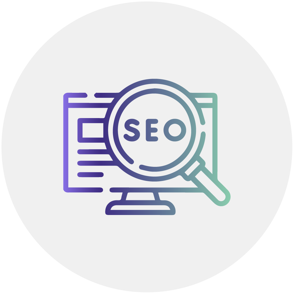 Icône IT Marketing représentant le SEO avec un ordinateur et une loupe