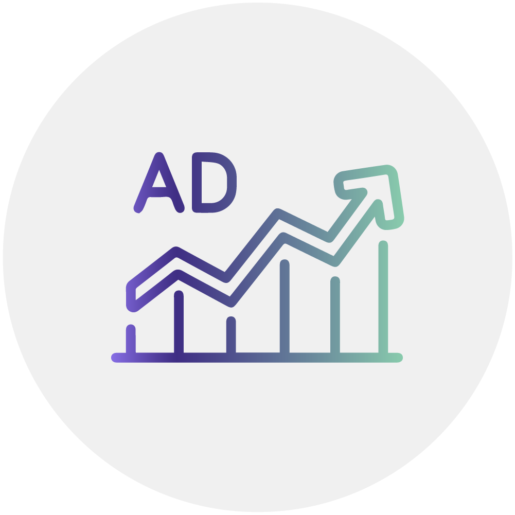 Icône IT Marketing représentant le SEA avec des statistiques